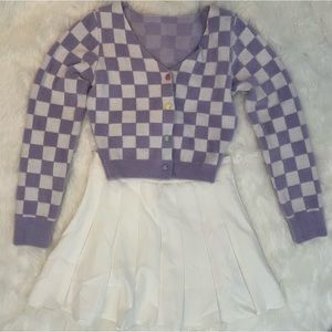 NEVER WORN- shein purple and white checkered cropped sweater with heart buttons!